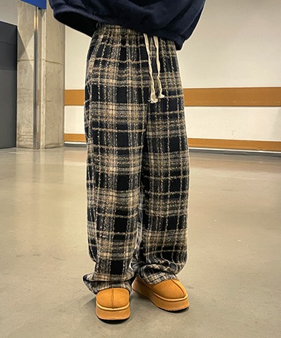 Winter check wide banding pants / 2color