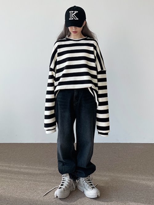 [unisex] Overfit stripe knit mtm / 6color