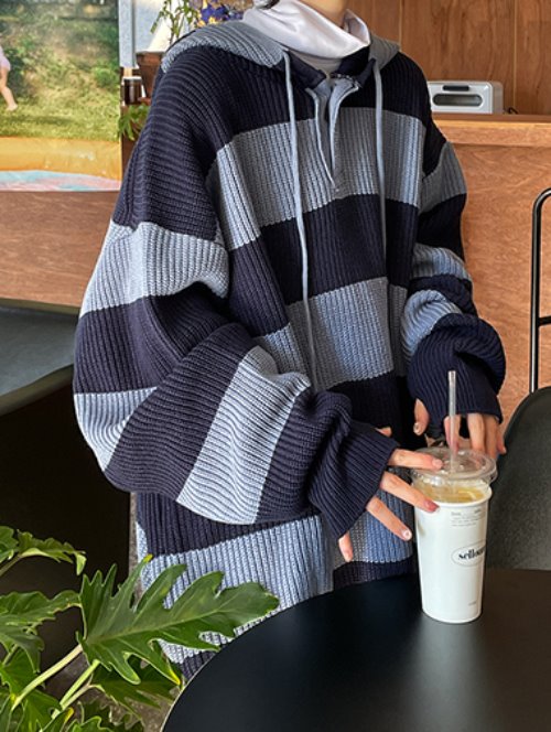 [unisex] Stripe warmer knit hood / 3color
